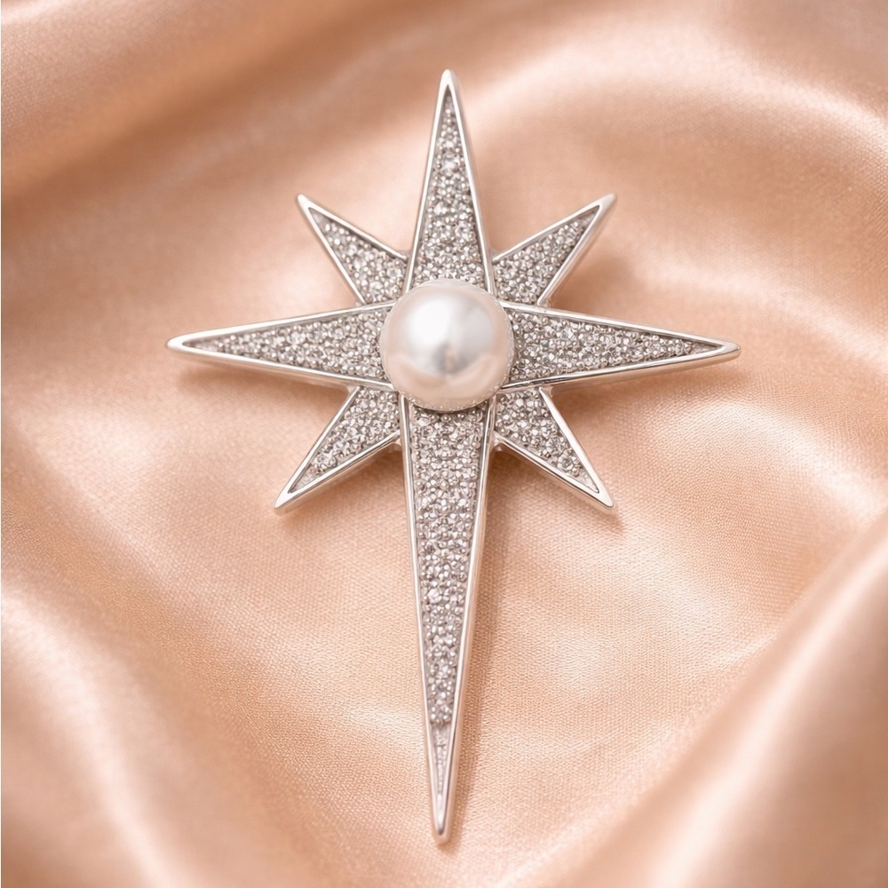 Silver Starburst Pearl Crystal Brooch